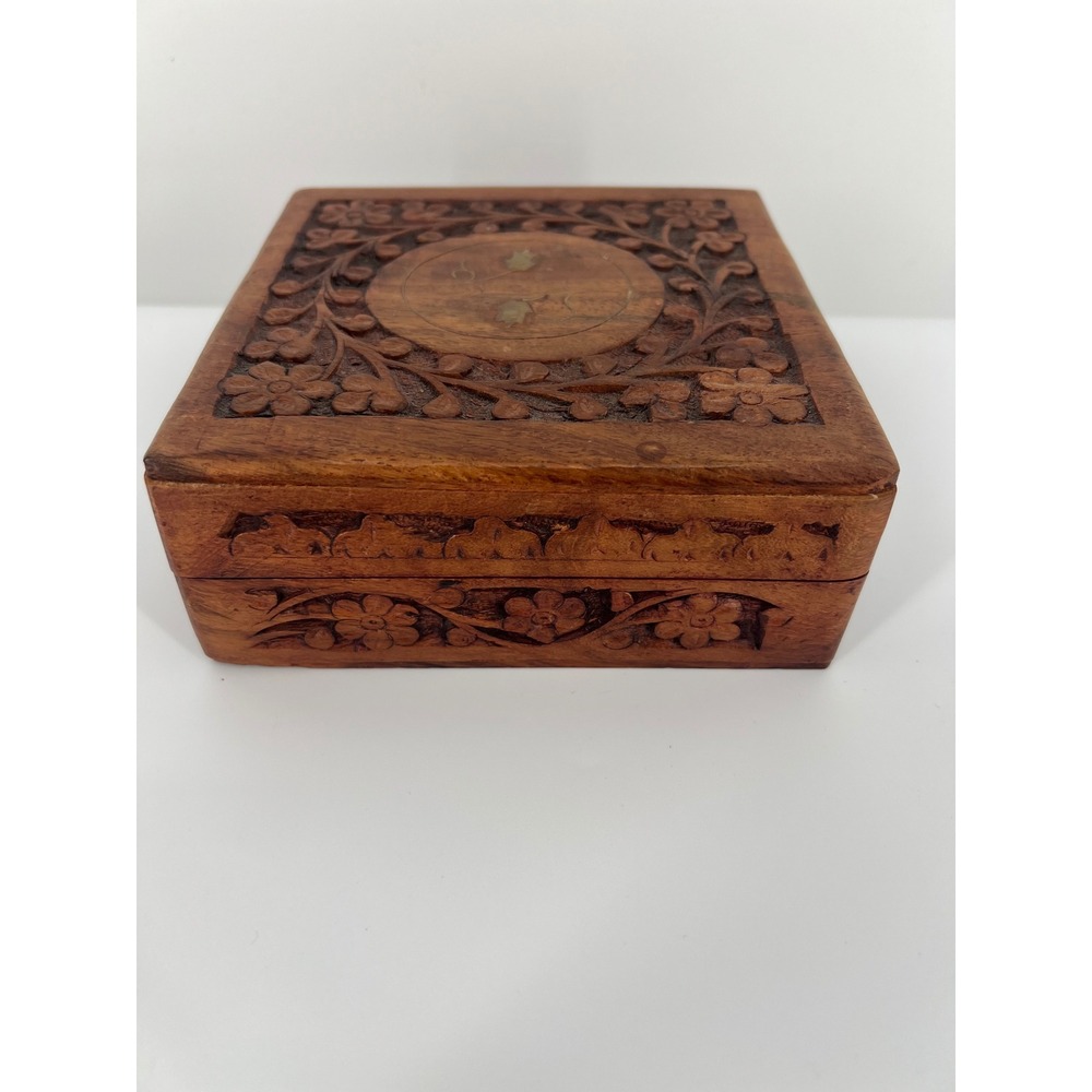 Hand Carved Wood Trinket Box Floral Brown Brass Inlay Boho Decor Vintage